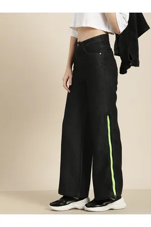 HERE&NOW Women Wide Leg High-Rise Zip Detail Stretchable Jeans