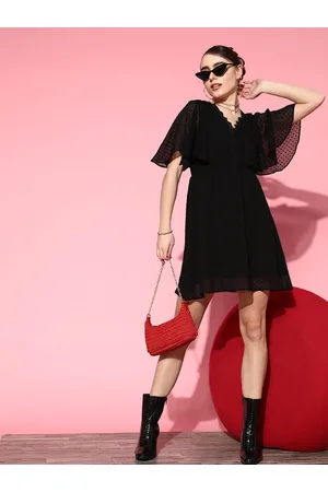 Berrylush Black Chiffon Flared Sleeves A-Line Mini Dress With Tie-Ups Detail
