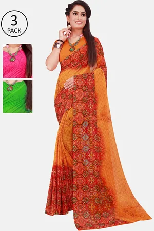 Saadhvi Green & Pink Set Of 3 Floral Printed Georgette Saree