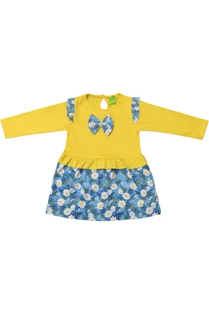 Clothe Funn Girls Floral Printed Bow Detail Cotton Peplum Dress