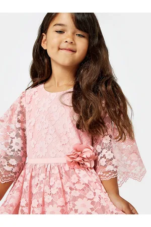 Mothercare Girls Floral Self Design Flared Sleeves Lace Inserts Applique Fit & Flare Dress