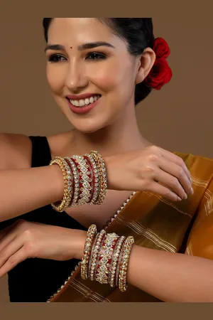 PANASH Set Of 18 Gold-Plated Artificial Stone Studded Bangles Chuda Set