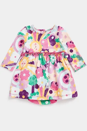 Mothercare Girls Floral Print Pleated Pure Cotton Fit & Flare Dress With Attached Briefs