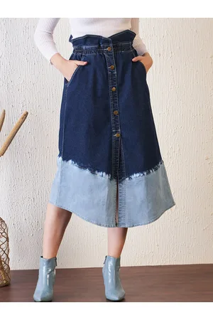 Antheaa Blue Colorblocked A-Line Midi Denim Skirt
