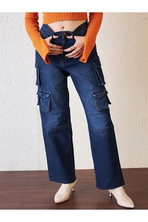 Antheaa Women Blue Comfort Relaxed Fit High-Rise Clean Look Stretchable Denim Cargo