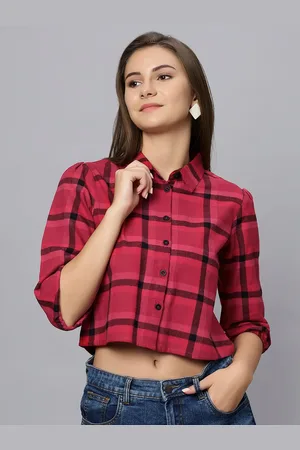 Chemistry Original Checked Puff Sleeves Crop Pure Cotton Shirt