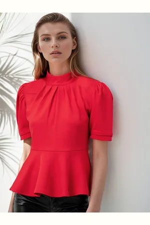 Rare Fashion Red High Neck Puff Sleeve Crepe Peplum Top