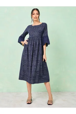 Styli Ethnic Motifs Printed Bell Sleeves Fit & Flare Midi Dress