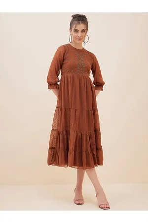 Antheaa Brown Dobby Woven Embellished Maxi Tiered Dress