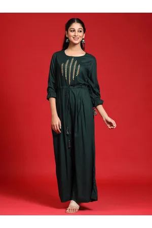 Juniper Women Green Embroidered Basic Jumpsuit with Gather detail