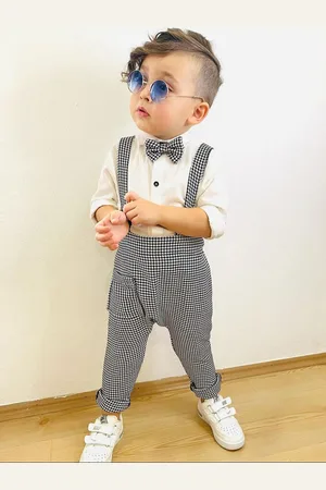 BAESD Boys Checked Slim Fit Dungaree With Shirt And Bow Tie