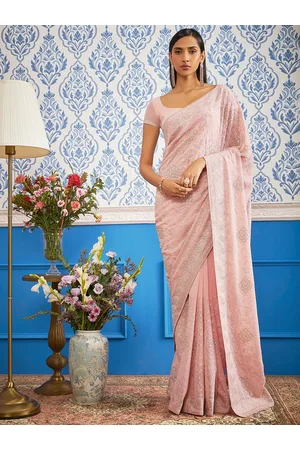 Buy Soch Blush Pink Georgette Floral Embroidery and Stone Work Saree with  Unstitched Blouse online