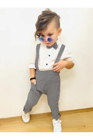 BAESD Boys Checked Slim Fit Dungaree With Shirt And Bow Tie
