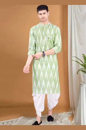 SHIWAM ETHNIX Geometric Printed Mandarin Collar Ikat Kurta With Dhoti Pants