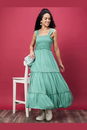 Globus Green Shoulder Straps Smocked Tiered Fit & Flare Maxi Dress