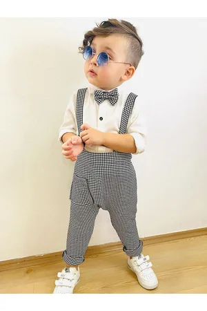 BAESD Boys Checked Dungaree With Shirt & Bow Tie