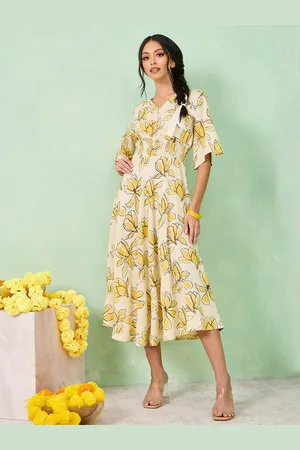 Styli Floral Printed V-Neck Flared Sleeves Smocked Fit & Flare Midi Ethnic Dress