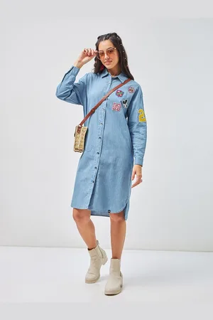 Bewakoof Disney Applique Oversized Shirt Style Denim Dress