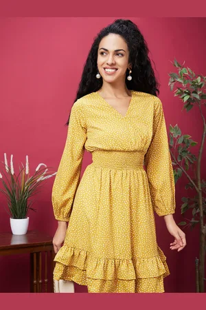 Globus Yellow Polka Dots Printd Puff Sleeves Smocked Fit & Flare Dress