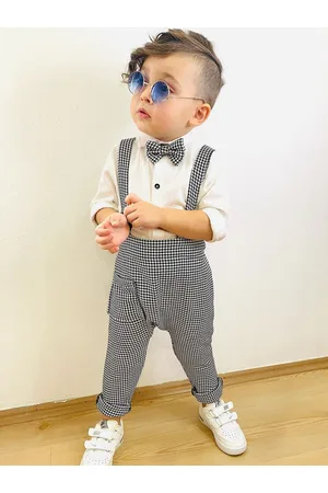 BAESD Boys Checked Dungaree With Shirt & Bow Tie