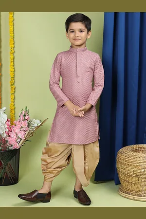 TABARD Boys Woven Design Chikankari Mandarin Collar Pure Cotton Kurta With Dhoti Pants