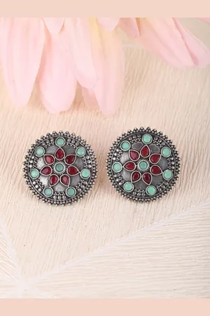 Sangria Silver-Plated German Silver Artificial Stones Studded Ethnic Stud Earrings