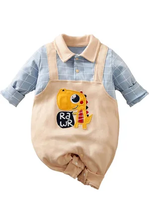 Stylecast Kids Blue & Beige Checked Applique Patch Pure Cotton Rompers