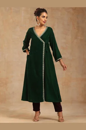 trueBrowns Women Green Velvet Kurta