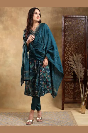 Bani Women Floral Printed Embroidered Pleated Empire Kurta With Trouser & Dupatta
