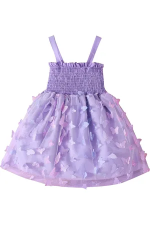 Stylecast Girls Purple Self Design Shoulder Straps Smocked Applique Fit & Flare Dress