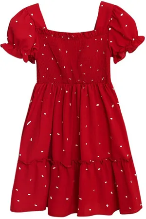 Stylecast Red Girls Polka Dot Printed Square Neck Puff Sleeves Tiered A-Line Midi Dress