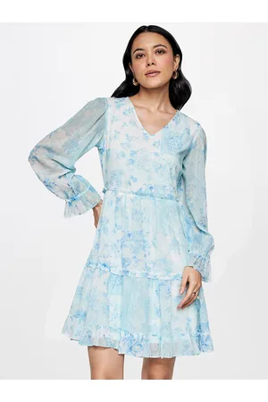AND Floral Printed V-Neck Bell Sleeve Gathered Tiered Fit & Flare Dress