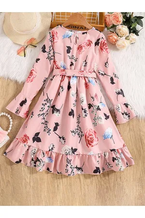 Stylecast Pink Girls Floral Printed Bell Sleeves Tiered Detail A-Line Midi Dress With Belt