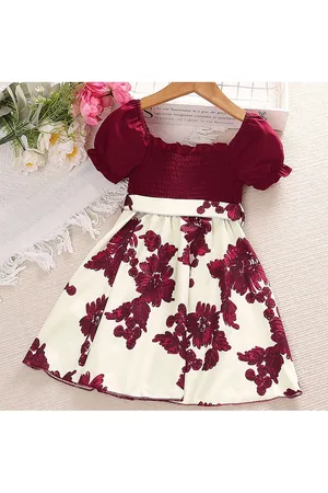 Stylecast Maroon Girls Floral Print Puff Sleeve Fit & Flare Dress