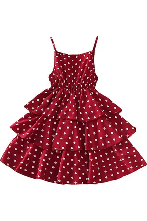 Stylecast Girls Red & White Polka Dots Printed Shoulder Straps Layered Fit & flare Dress