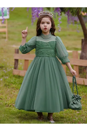 Stylecast Green Girls Self Design Embellished High Neck Puff Sleeves Gown Maxi Dress