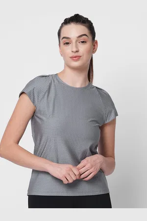 Fitkin Women Grey Self Design Back Key Hole Design T-shirt