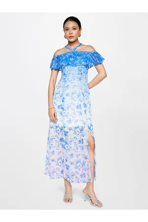 AND Floral Printed Halter Neck Cold-Shoulder Ruffled Maxi Dress