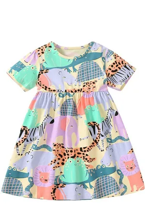 Stylecast Beige Girls Conversational Printed Cotton Fit & Flare Dress