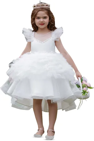 Stylecast White Girls Flutter Sleeves Embellished Balloon Party Dress