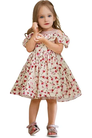 Stylecast Fuchsia Girls Floral Printed Puff Sleeves Ruffles Detail Balloon Mini Dress