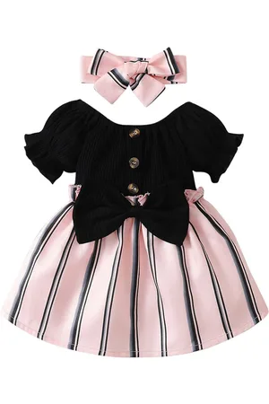 Stylecast Black Girls Striped Puff Sleeves Bow Cotton Fit & Flare Mini Dress With Hairband