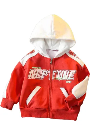Stylecast Boys Red Typography Printed Hooded Insulator Cotton Open Front Jacket