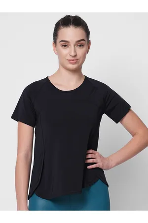 Fitkin Women Black Self Design Side Overlap T-shirt