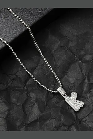 French Accent Men Silver-Plated Stone Studded Pendant & Chain