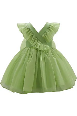 Stylecast Girls Green V-Neck Ruffles Gathered Balloon Mini Dress
