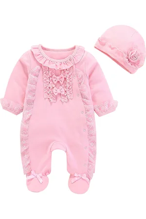 Stylecast Pink Girls Self-Design Cotton Rompers With Cap