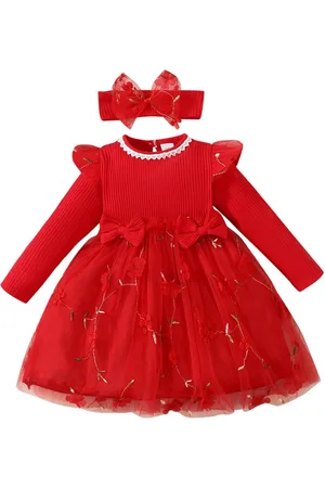 Stylecast Girls Red Floral Embroidered Cotton Fit & Flare Balloon Dress With Headband