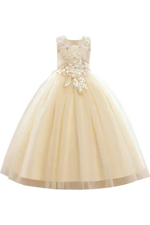 Stylecast Champagne Girls Floral Embellished Sleeveless Applique Detail Maxi Gown Dress