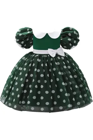 Stylecast Green Girls Polka Dot Printed Peter Pan Collar Puff Sleeves Balloon Mini Dress
